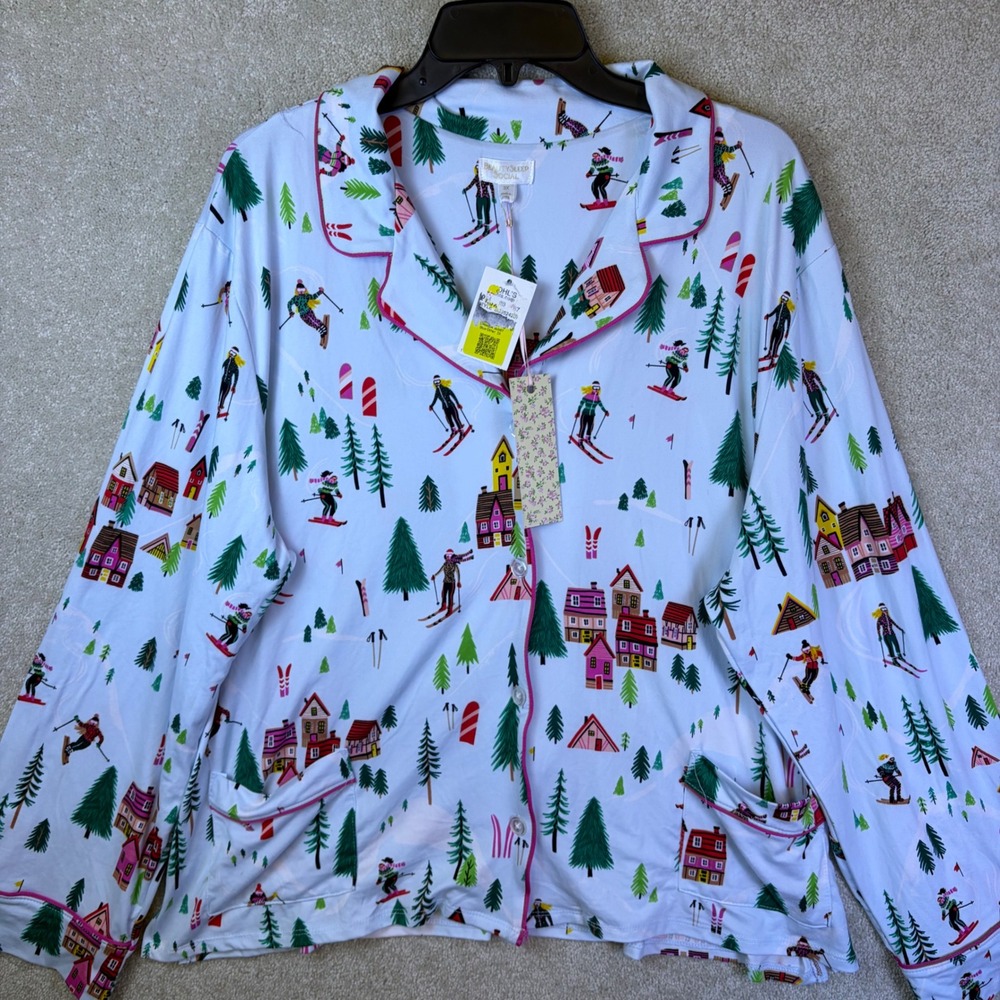 Beauty Sleep Social Pajama Top Wmns 3X Blue Ski Village Novelty Print Winter NEW